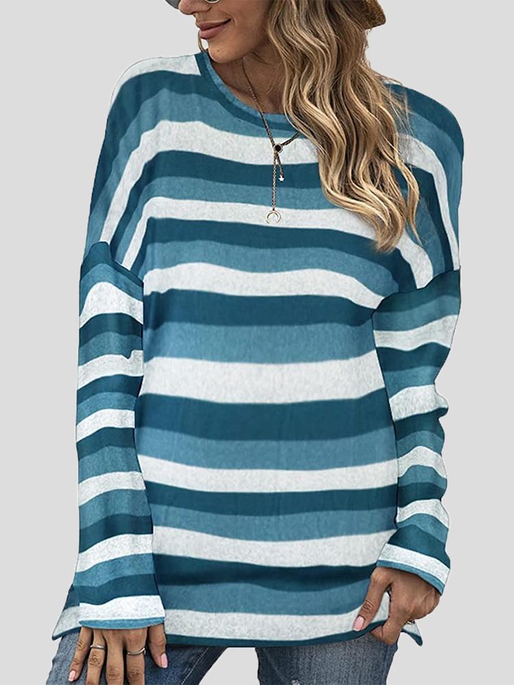 Color Striped Round Neck Long Sleeve Split T-shirt