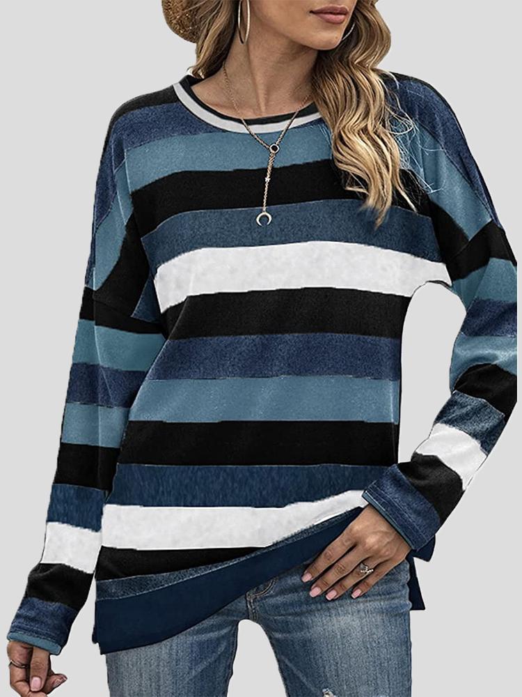 Color Striped Round Neck Long Sleeve Split T-shirt