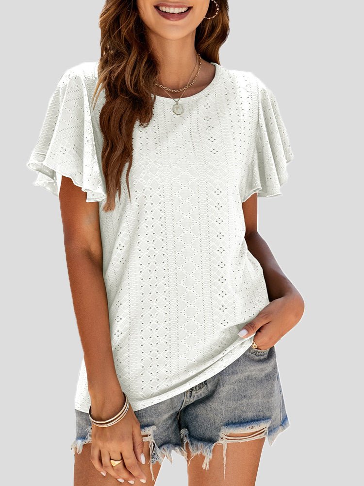 Women's T-Shirts Crew Neck Hollow Ruffle Sleeve T-Shirt