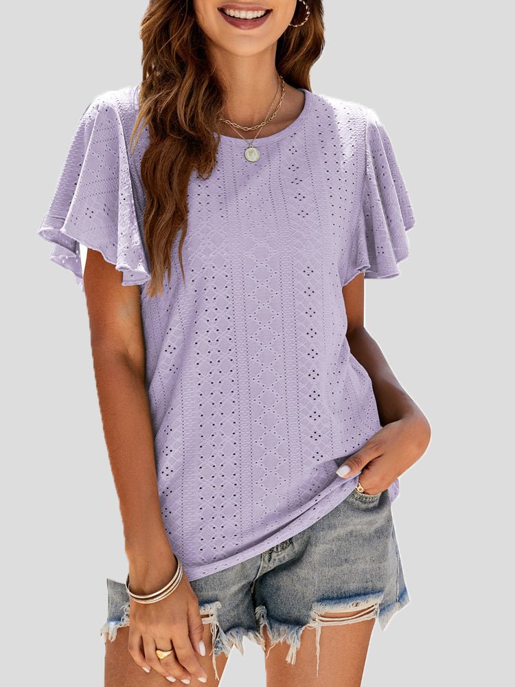 Women's T-Shirts Crew Neck Hollow Ruffle Sleeve T-Shirt