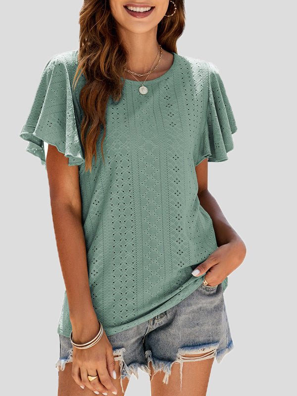 Women's T-Shirts Crew Neck Hollow Ruffle Sleeve T-Shirt