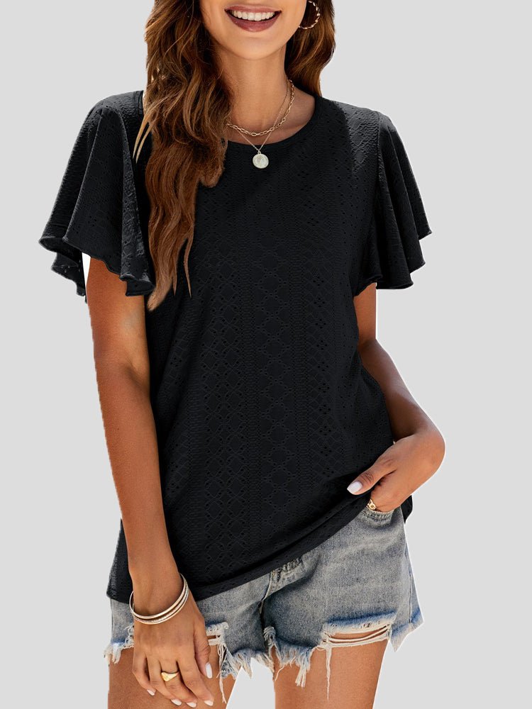 Women's T-Shirts Crew Neck Hollow Ruffle Sleeve T-Shirt