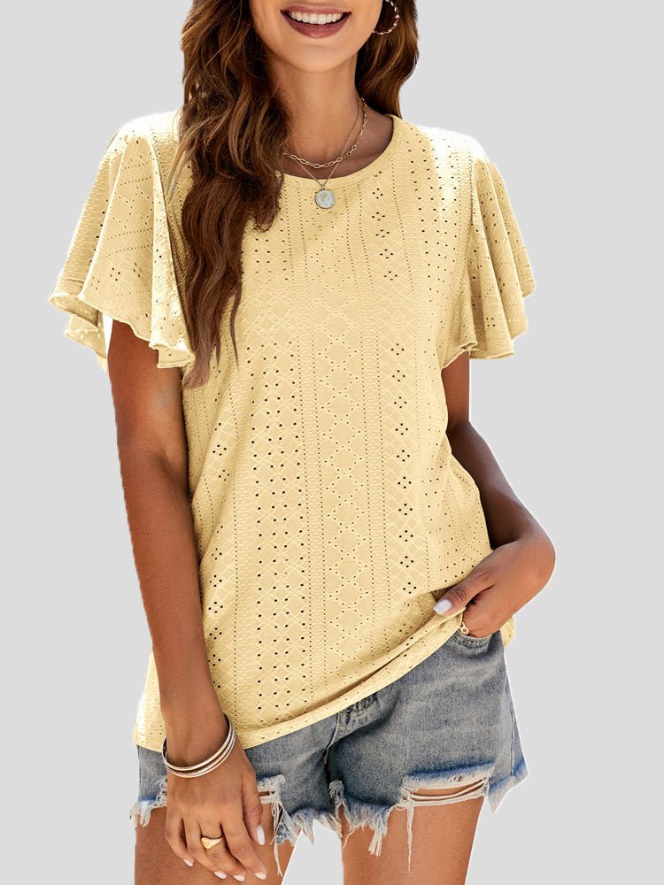 Women's T-Shirts Crew Neck Hollow Ruffle Sleeve T-Shirt