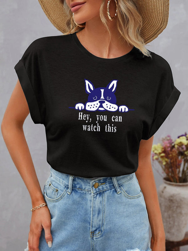 Women's T-Shirts Cute Dolman Short Sleeve Round Neck Dog Print T-Shirt