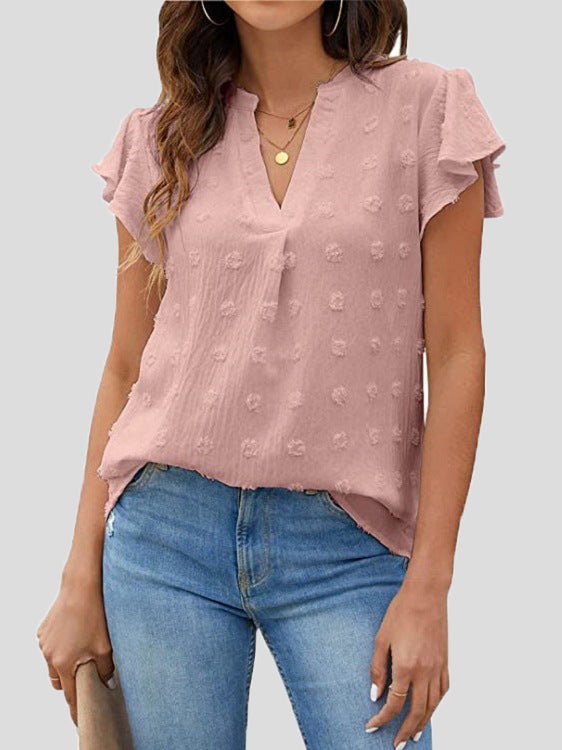 Women's T-Shirts Dot Ruffle Sleeve V-Neck Chiffon T-Shirt