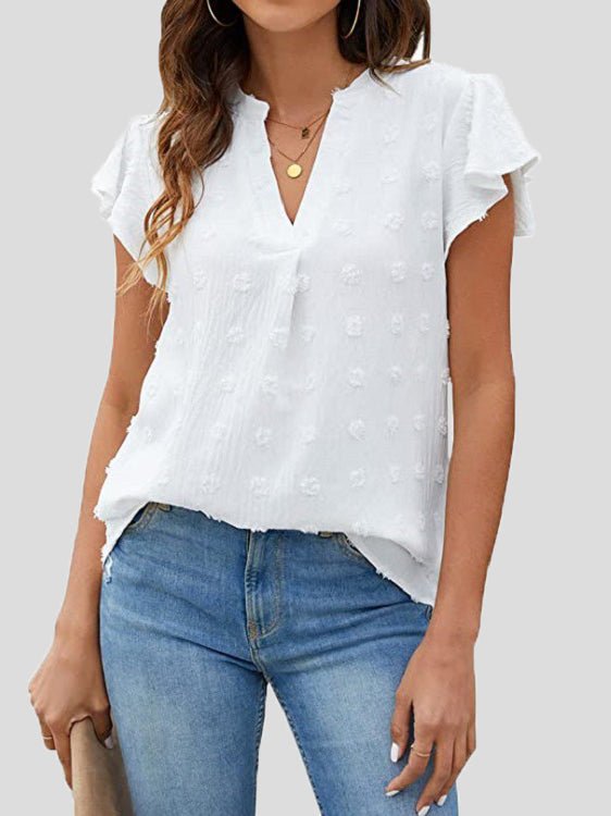 Women's T-Shirts Dot Ruffle Sleeve V-Neck Chiffon T-Shirt