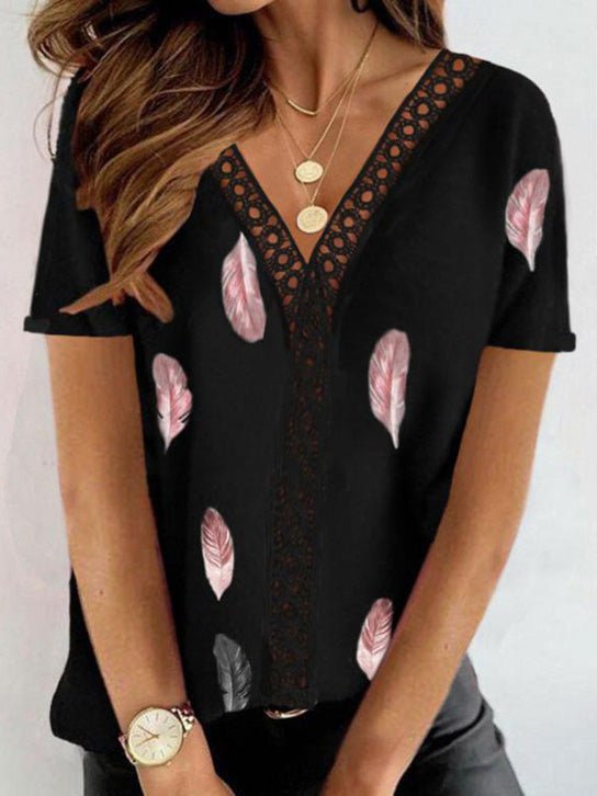 Women's T-Shirts Feather Print Lace V-Neck Short Sleeve T-Shirt