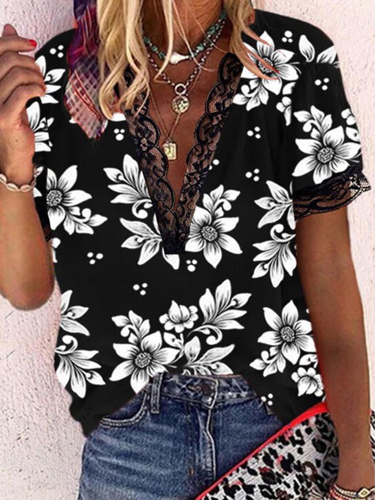Women's T-Shirts Floral Print Lace V-Neck Short Sleeve T-Shirt