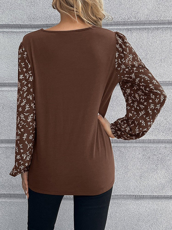 Women's T-Shirts Floral Stitching Round Neck Long Sleeve T-Shirt