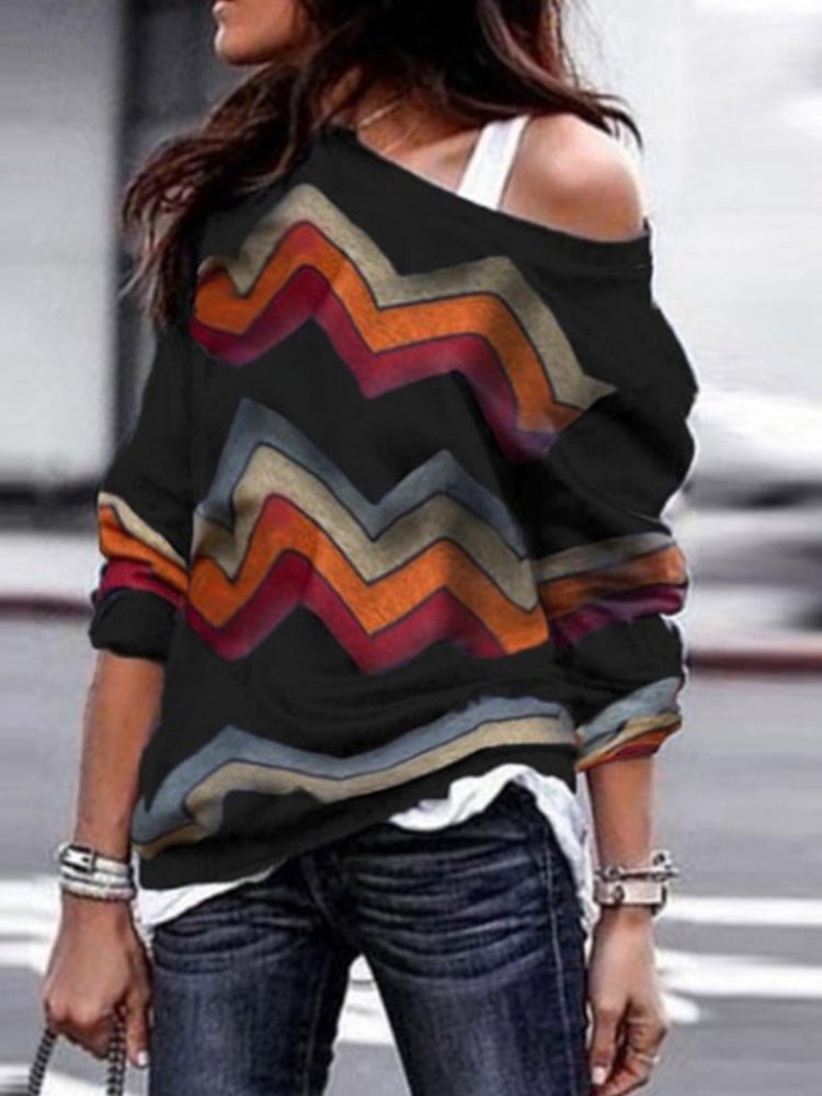 Women's  Blouses Geometric Print Off Shoulder Casual Long Sleeve  Blouse