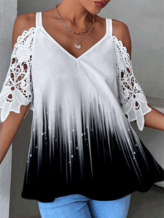 Women's T-Shirts Gradient Lace Off-the-Shoulder Sleeves T-Shirt