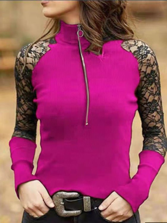 Women's T-Shirts Half Turtleneck Zip Lace Panel Long Sleeve T-Shirt