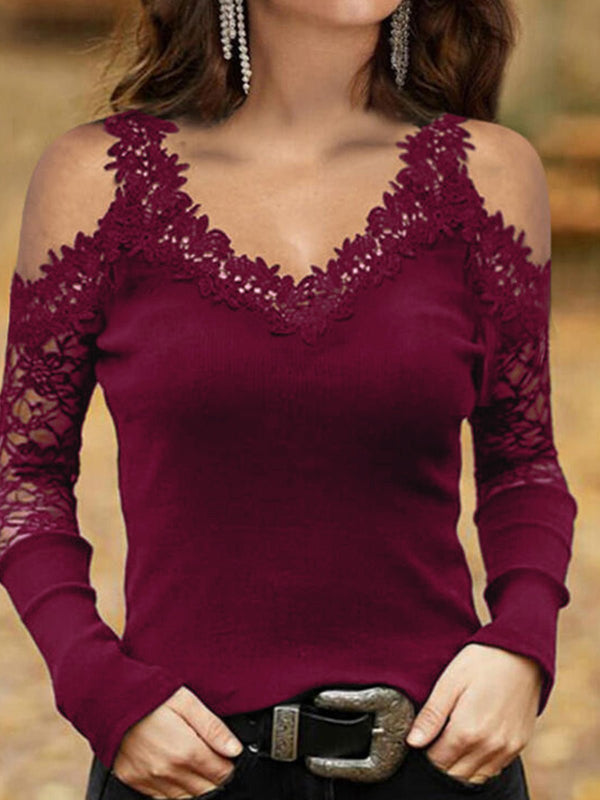 Women's T-Shirts Lace Off-Shoulder Long Sleeve T-Shirt