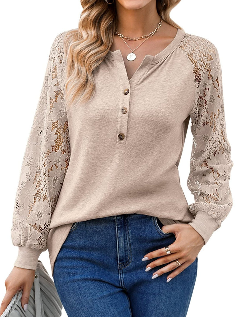 Women¡¯s T-Shirts Long Sleeve Lace V Neck Button Loose T-Shirt