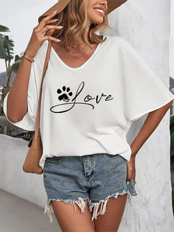 Women's T-Shirts Mid Sleeve V Neck Animal Paw Print T-Shirt