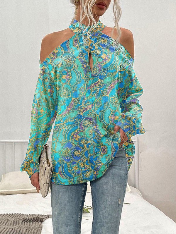 Women's T-Shirts Printed Color Matching Off Shoulder Long Sleeve T-Shirt