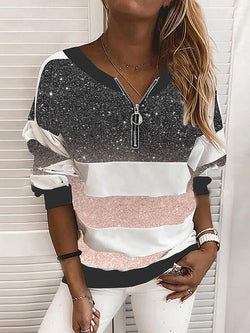 Women's T-Shirts Printed V-Neck Zip Long Sleeve T-Shirt