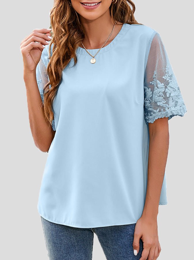 Women's T-Shirts Round Neck Lace Short Sleeve Chiffon T-Shirt