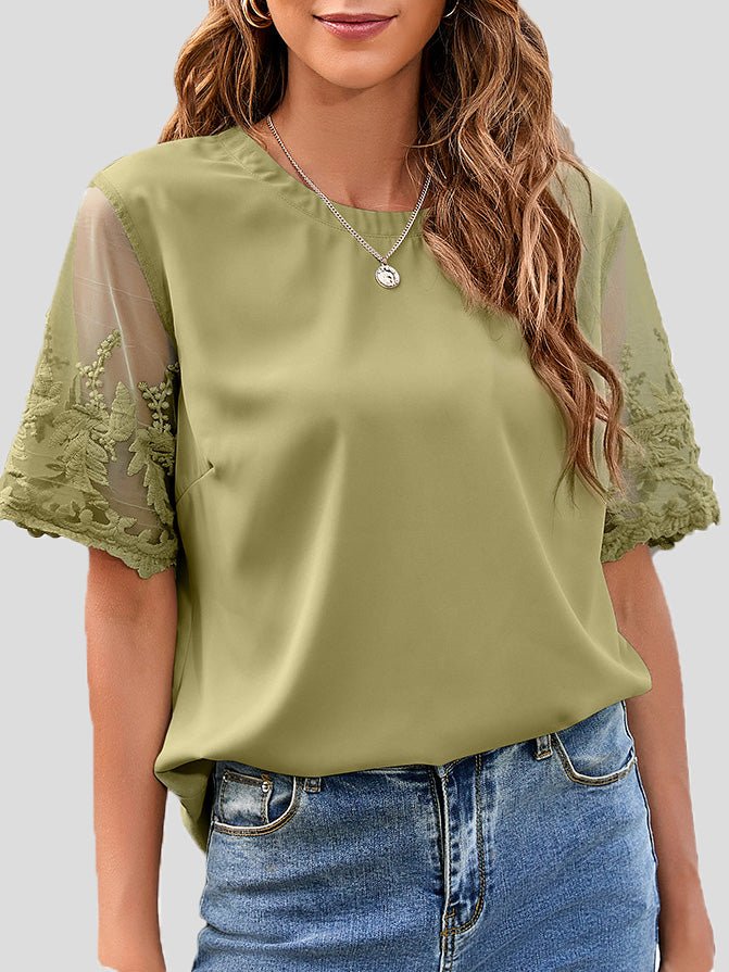 Women's T-Shirts Round Neck Lace Short Sleeve Chiffon T-Shirt