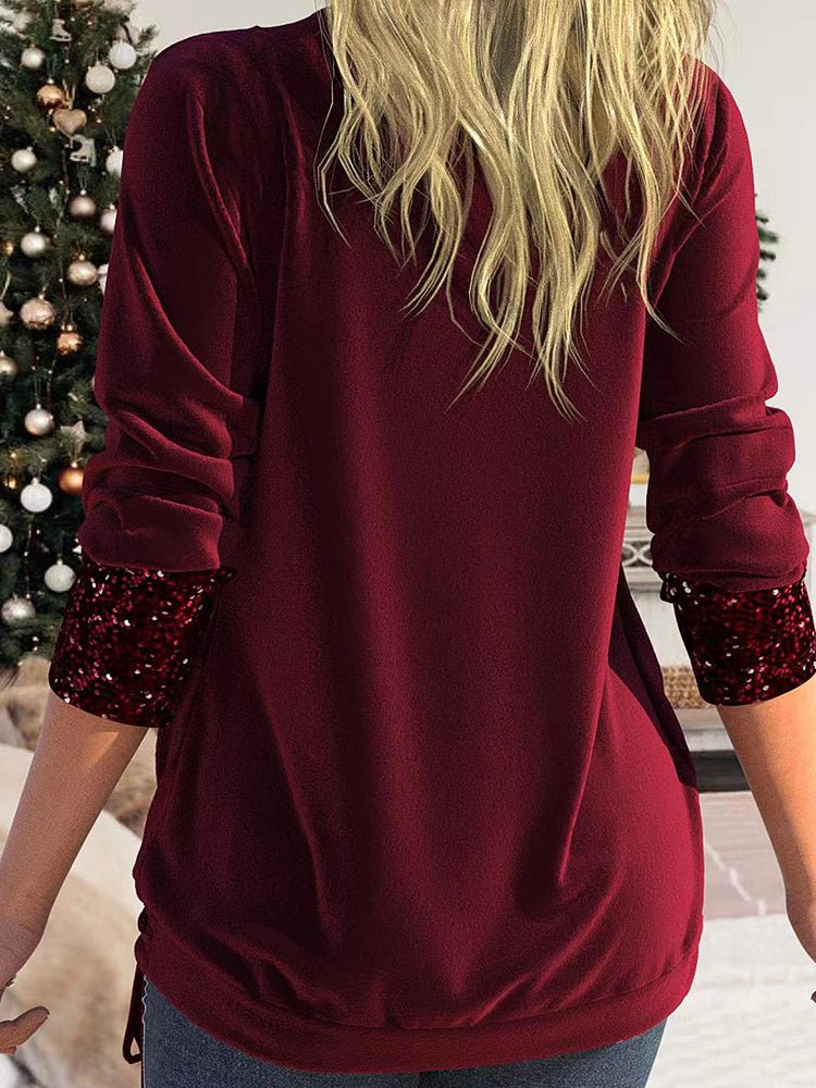 Women's T-Shirts Sequin Panel Solid Long Sleeve Drop Collar Pleated T-Shirt
