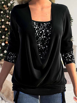 Women's T-Shirts Sequin Panel Solid Long Sleeve Drop Collar Pleated T-Shirt