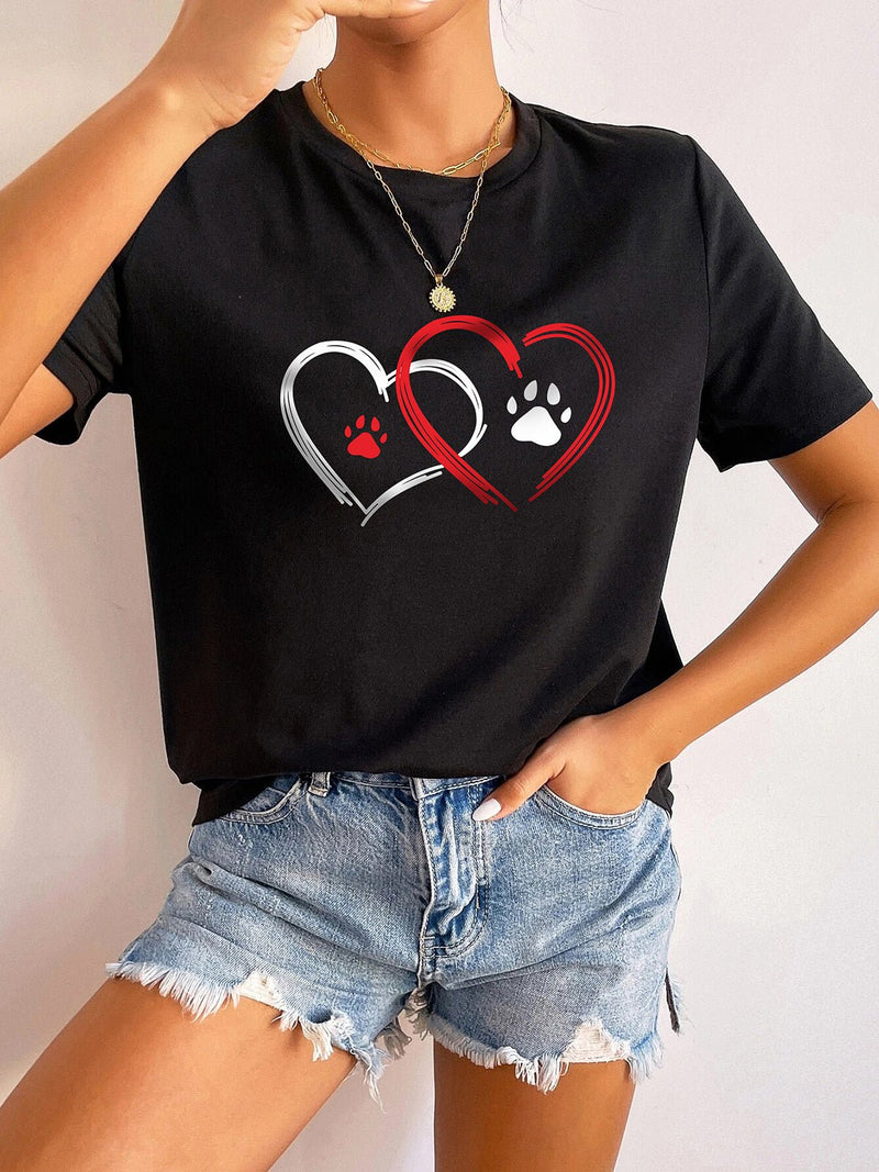 Women's T-Shirts Short Sleeve Round Neck Overlapping Hearts Print T-Shirt