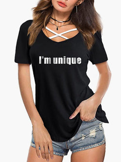 Women's T-Shirts Short Sleeves Cross Strap Printed T-Shirt