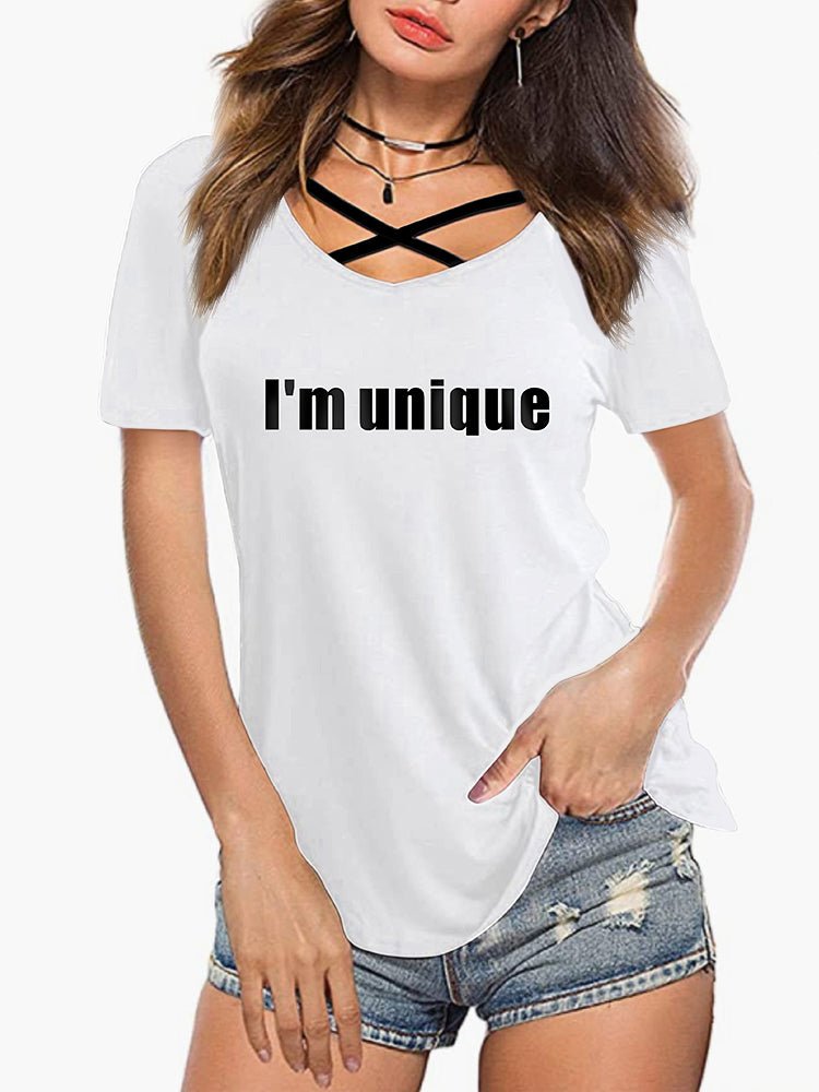 Women's T-Shirts Short Sleeves Cross Strap Printed T-Shirt