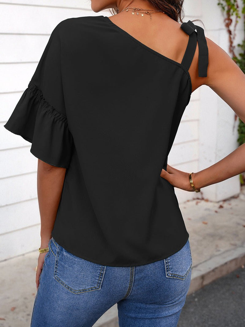 Women's T-Shirts Sloping Shoulder Ruffle Sleeve T-Shirt