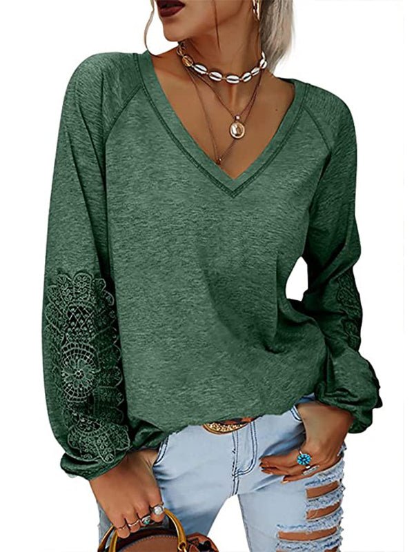 Women's T-Shirts Solid Color Pullover V-Neck Lantern Sleeve T-Shirt