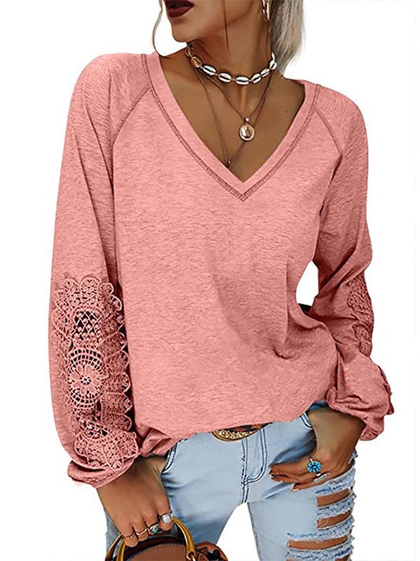 Women's T-Shirts Solid Color Pullover V-Neck Lantern Sleeve T-Shirt