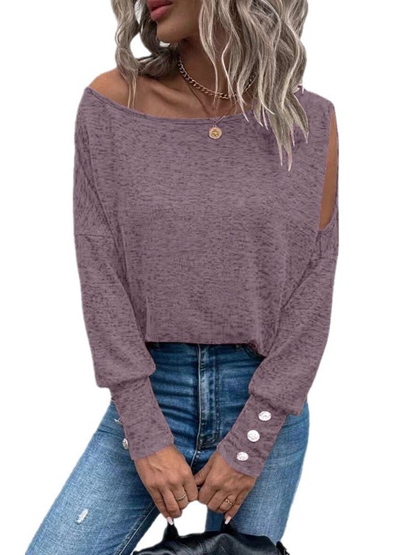 Women's T-Shirts Solid Off Shoulder Long Sleeves Buttoned Cuff T-Shirt