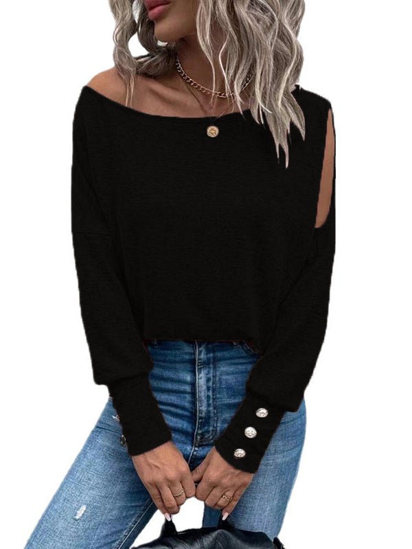 Women's T-Shirts Solid Off Shoulder Long Sleeves Buttoned Cuff T-Shirt