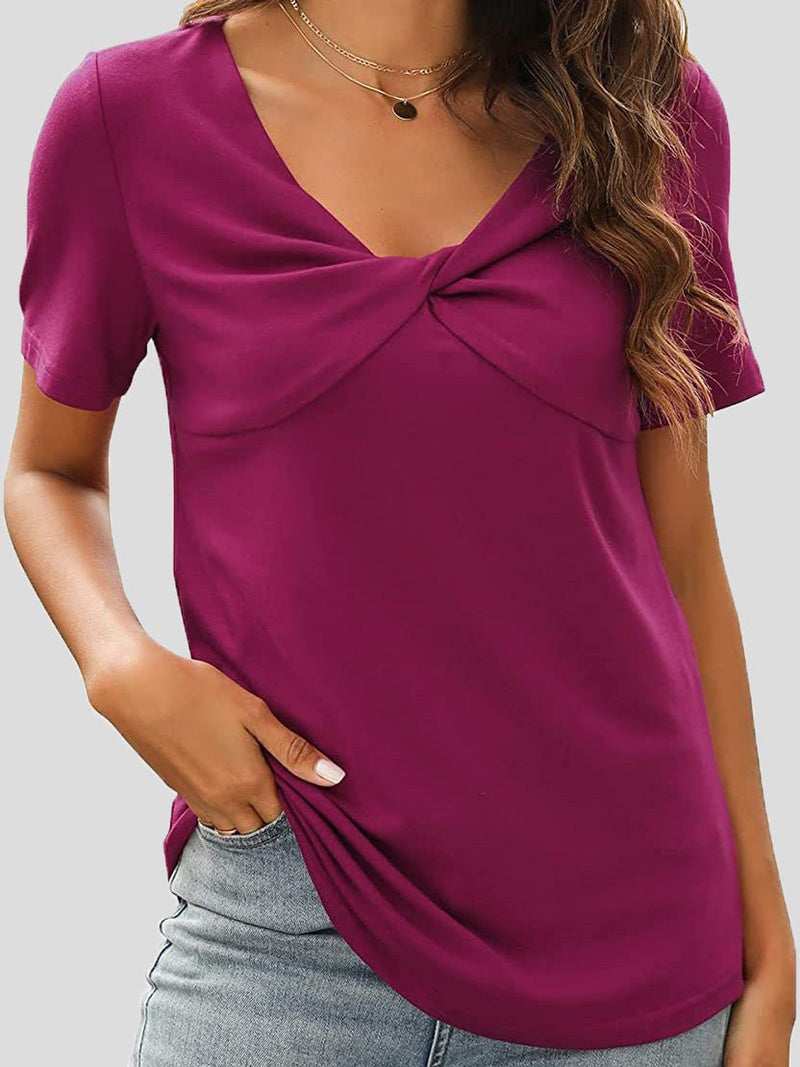 Women's T-Shirts Solid V-Neck Cross Neck Twist Short Sleeve T-Shirt