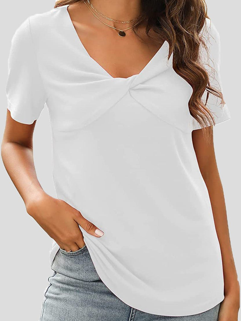 Women's T-Shirts Solid V-Neck Cross Neck Twist Short Sleeve T-Shirt