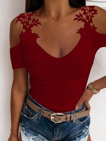 Women's T-Shirts Solid V-Neck Lace Off-Shoulder T-Shirt