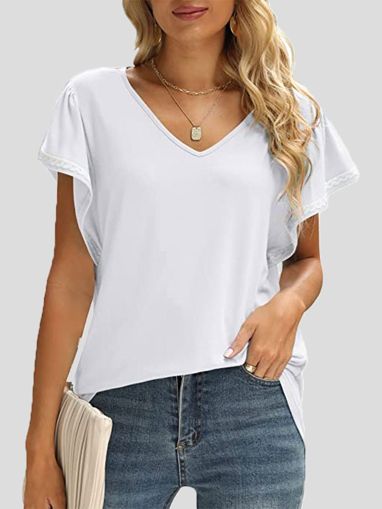 Women's T-Shirts Solid V-Neck Lace Ruffle Sleeve T-Shirt