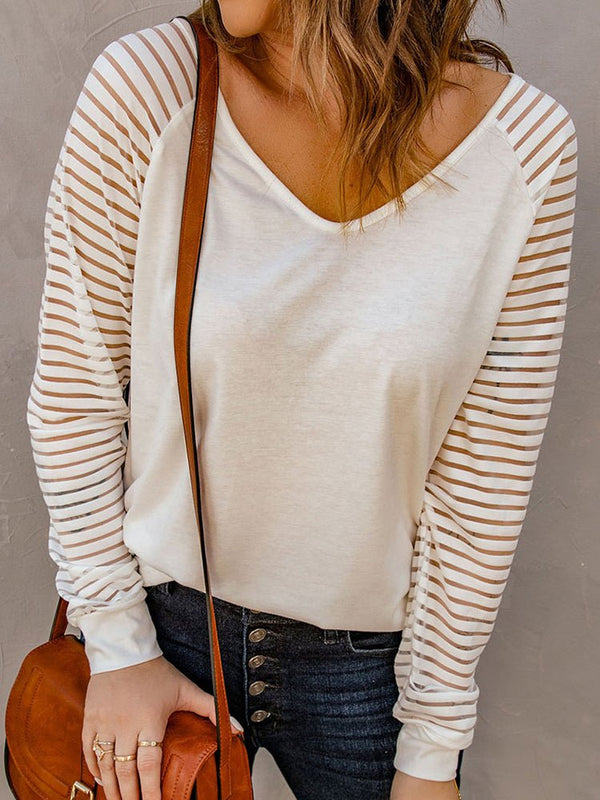 Women's T-Shirts Stripe Long Sleeve Large Fashion Simple V-Neck T-Shirt