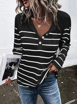 Women's T-Shirts Striped Button Long Sleeve T-Shirt