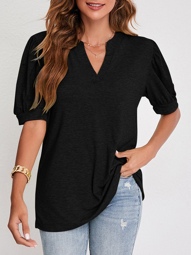 Women's T-Shirts V Neck Casual Solid Color Bubble Sleeve T-Shirt