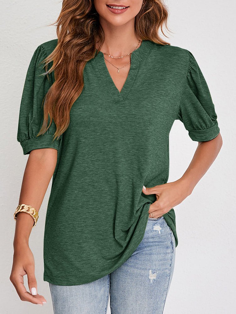 Women's T-Shirts V Neck Casual Solid Color Bubble Sleeve T-Shirt