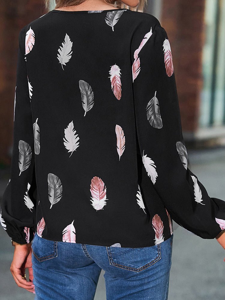 Women's T-Shirts V-Neck Feather Print Long Sleeve Loose T-Shirt