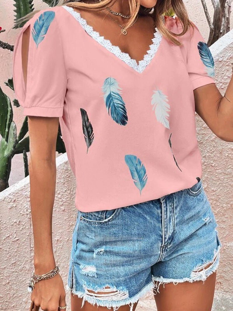 Women's T-Shirts V-Neck Lace Feather Print Short Sleeve T-Shirt