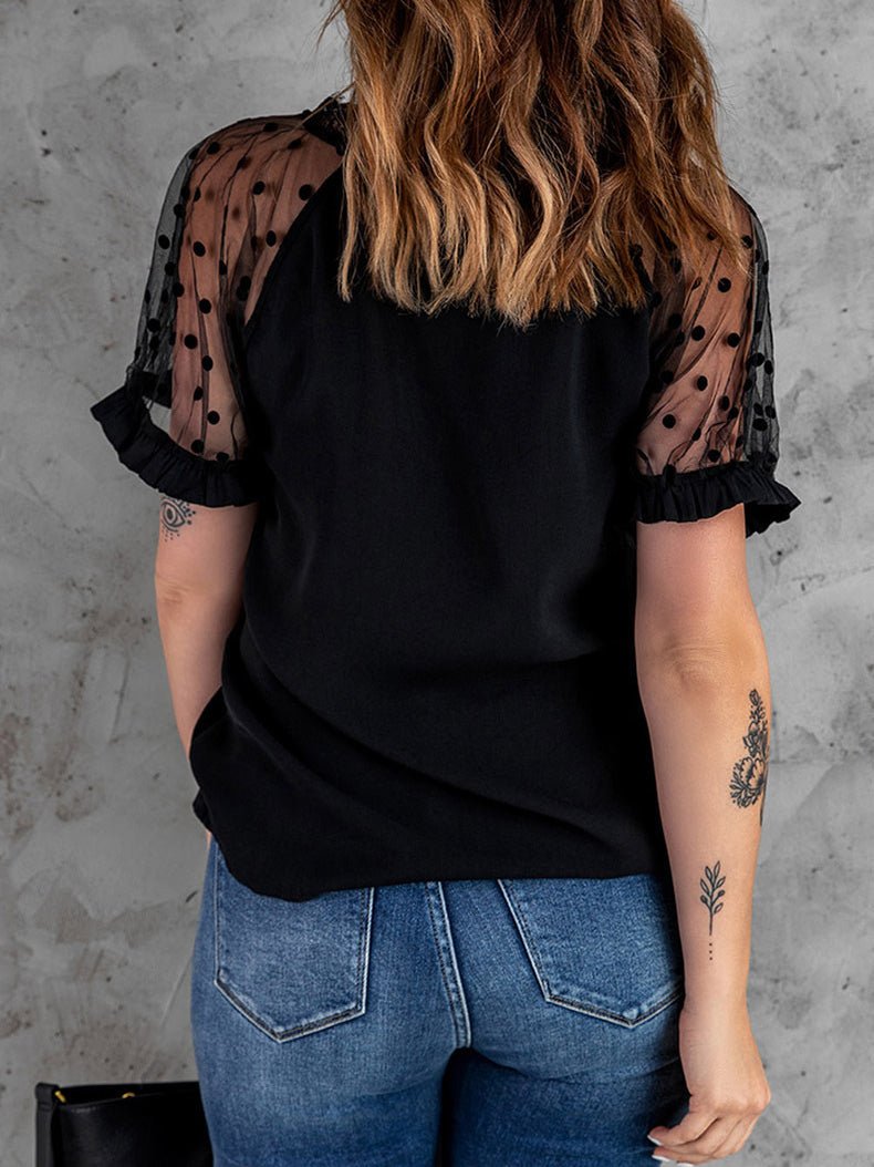 Women's T-Shirts V-Neck Lace Mesh Short Sleeve T-Shirt