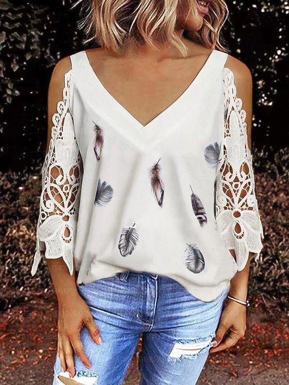Women's T-Shirts V-Neck Printed Lace Off-Shoulder Sleeve T-Shirt