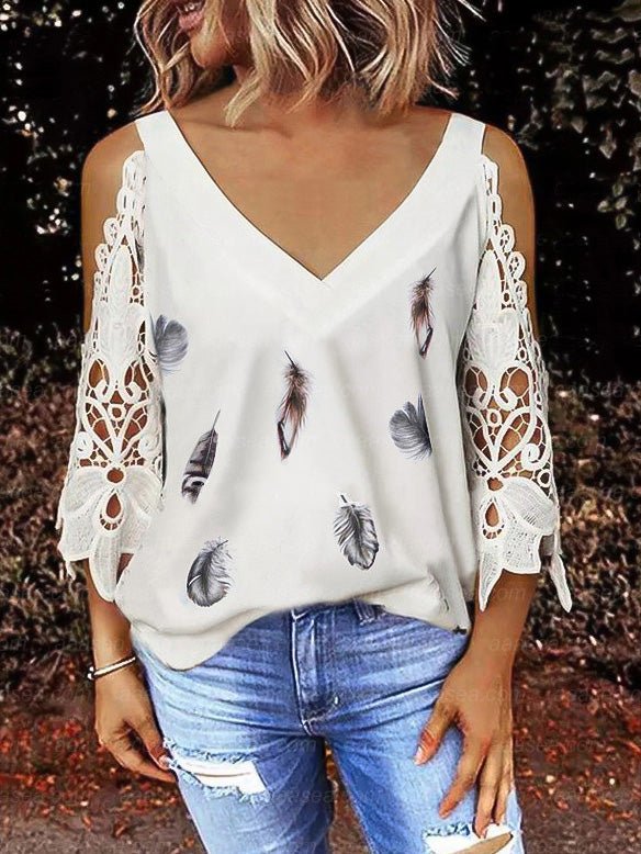 Women's T-Shirts V-Neck Printed Lace Off-Shoulder Sleeve T-Shirt