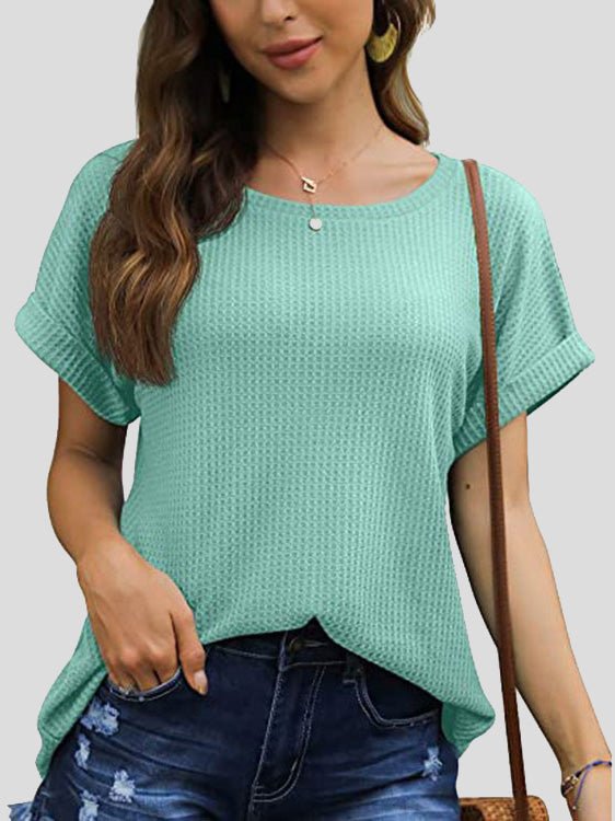 Women's T-Shirts Waffle Crew Neck Short Sleeve Rolled T-Shirt