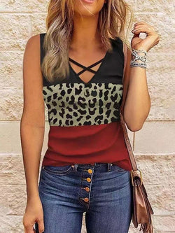 Women's Tank Tops Leopard Panel V-Neck Sleeveless Tank Top