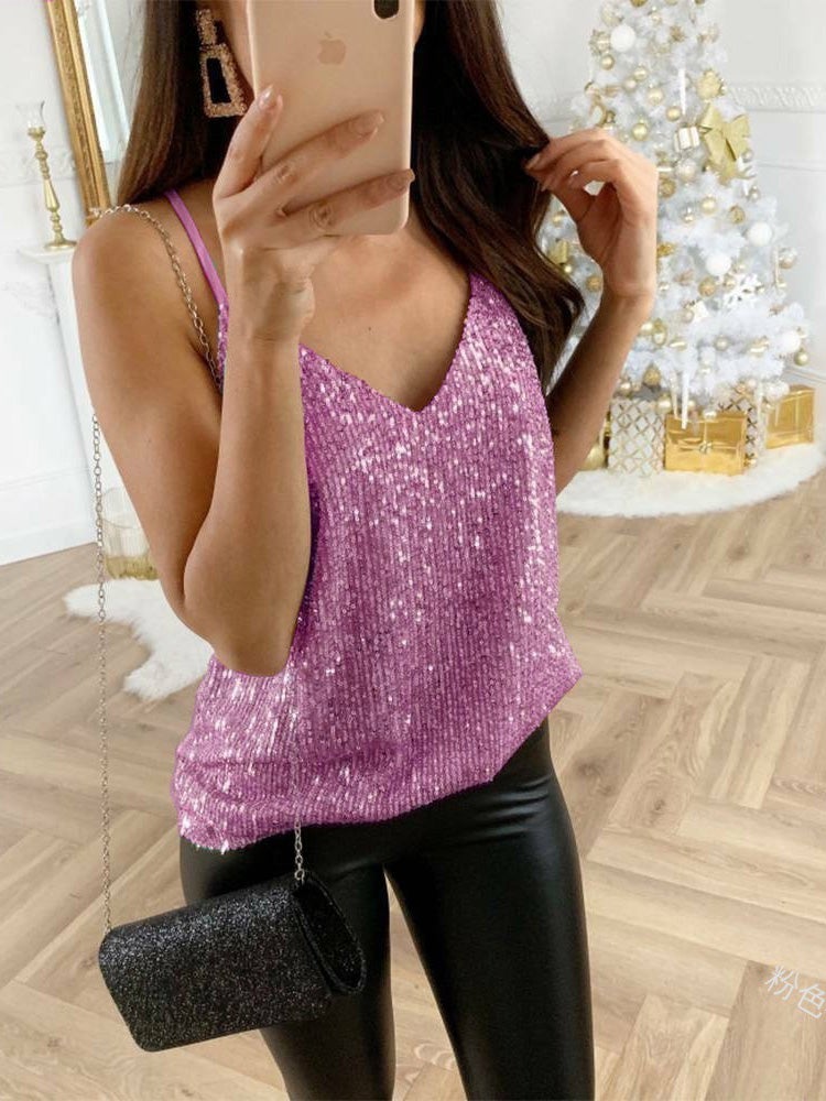 Women's Tank Tops Suspenders Shiny Gold Stamping V-Neck Tank Top