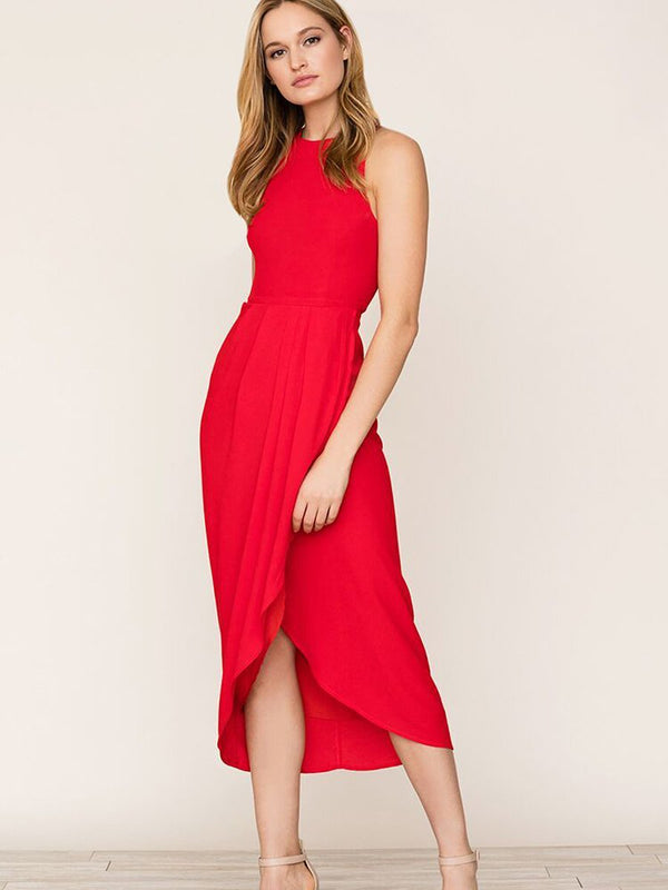 Red So Social Round Neck Sleeveless Irregular Hem Midi Dress